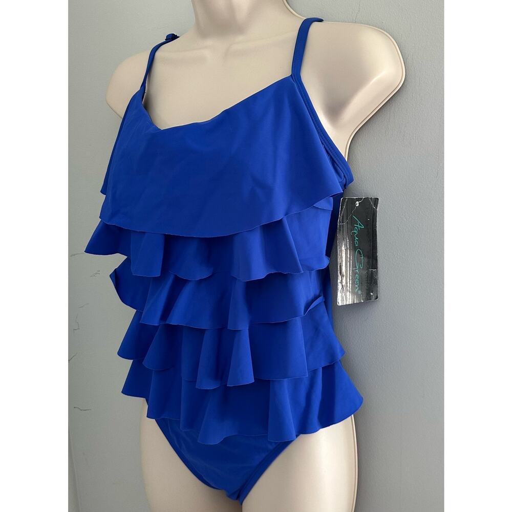 AQUA GREEN Womens Bathing Suit One Piece Ruffle Swimwear Beach Vacation | M - Picture 3 of 11